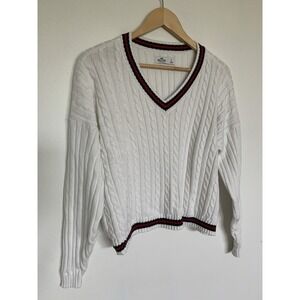 Hollister Cable Knit Sweater Women's Small Pullover White V-neck Light Academia